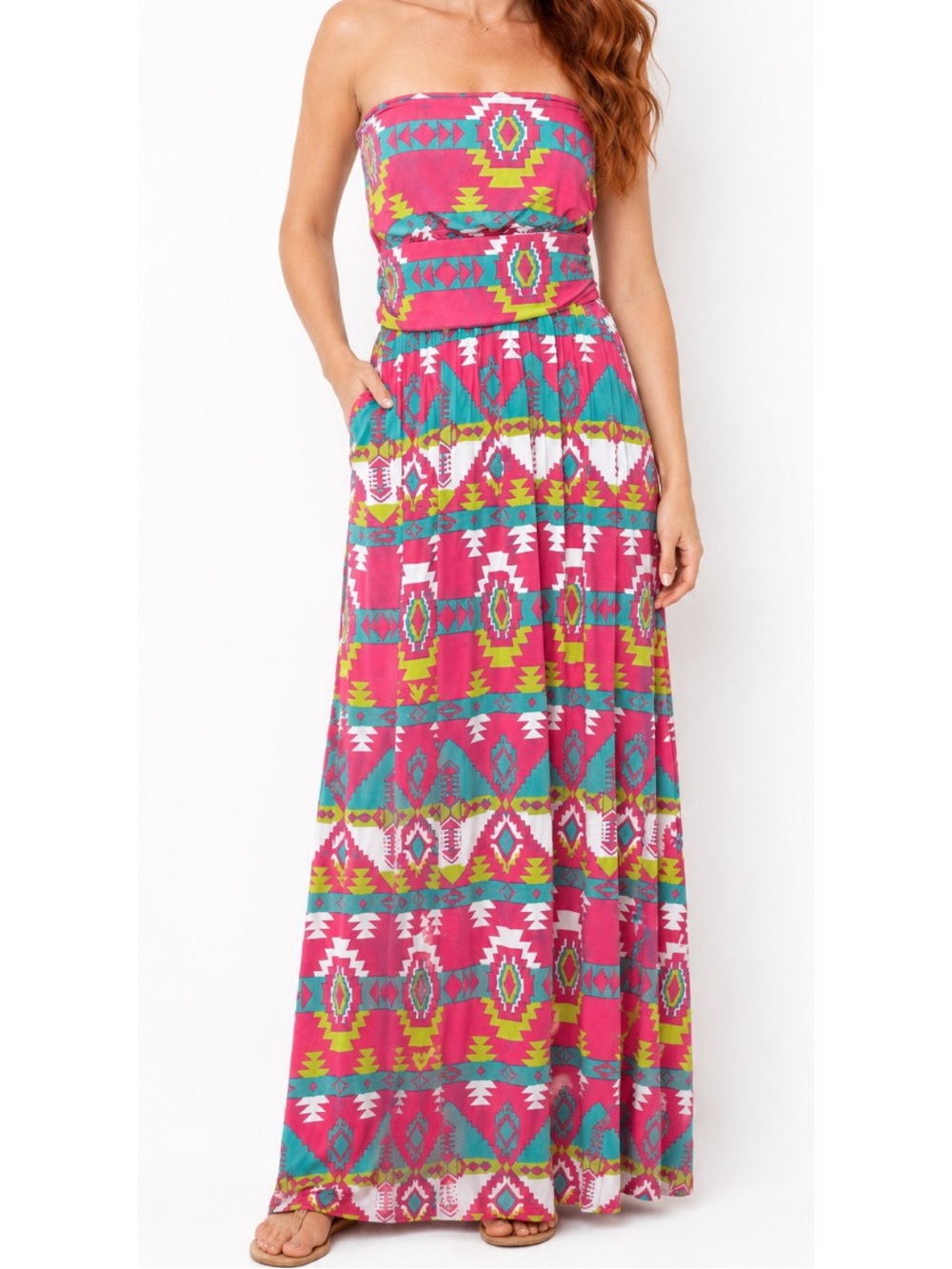 Colorful strapless maxi dress featuring a bold Southwestern/Aztec-inspired